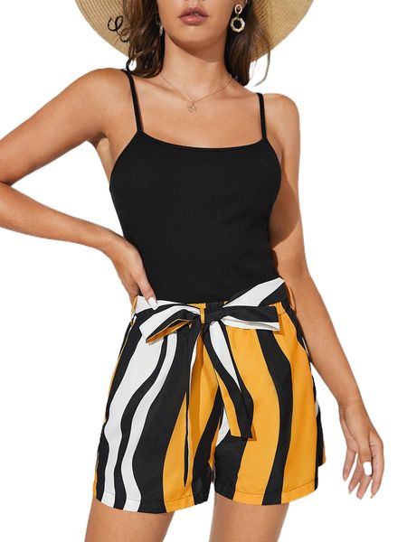 

tall striped rib-knit belted cami romper v0er#, Black;white