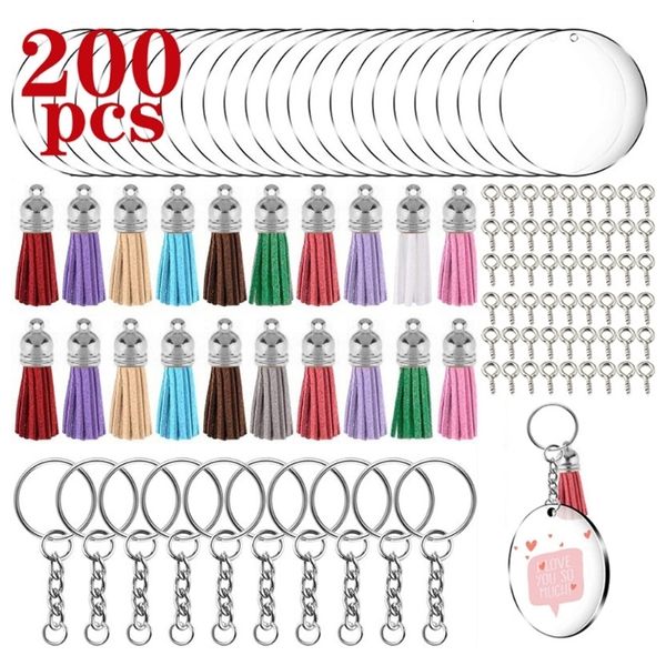 Keychains Capitão 200 PCs Kit de Blanks de chaveiro de acrílico com anéis de chave de salto redondo discos claros círculos pingentes coloridos de borla para DIY 230206