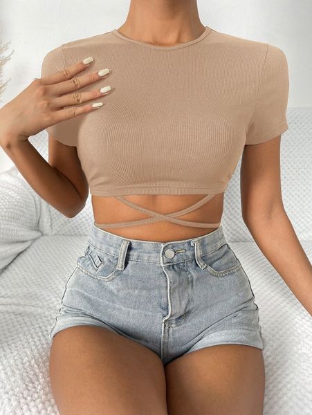

solid crisscross tie back crop tee i0xx#, White