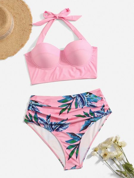 

plus tropical print halter push up bikini swimsuit p4ot#, White;black