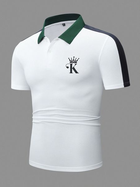 

men letter & crown print contrast collar polo shirt e8eb#, White;black