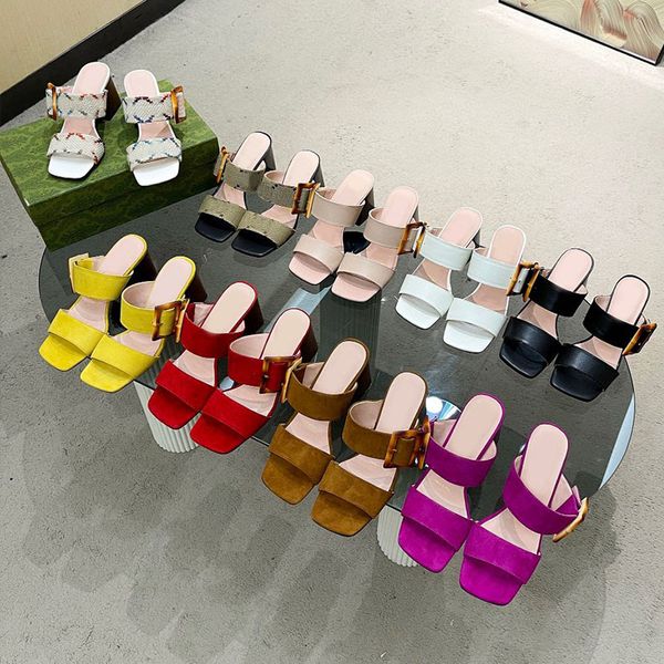 

2022 bamboo buckle dress shoes genuine leather high heel classic embroidery old flower womens sandals chunky heel mules square toe lady slid, Black