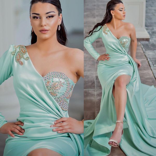 

2022 plus size arabic aso ebi beaded pearls mermaid prom dresses one shoulder evening formal party second reception birthday engagement brid, Black