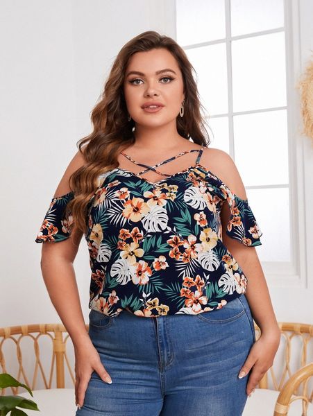 

plus tropical print cold shoulder h95n#, Black