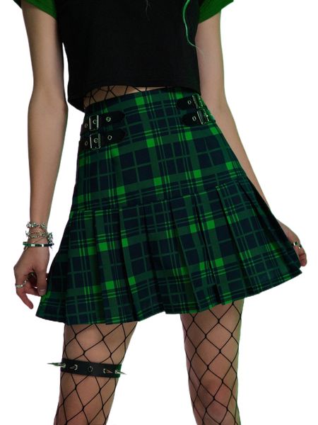 

romwe sagittarius plaid grommet eyelet pleated skirt b4fm#, Black