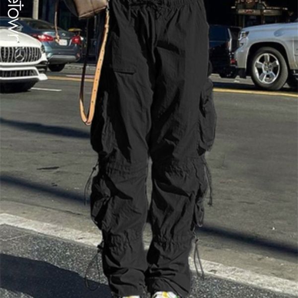 

sweetown gray solid hippie y2k sweatpants drawstring low waist casual baggy joggers women patchwork pockets black cargo pants 220811, Black;white