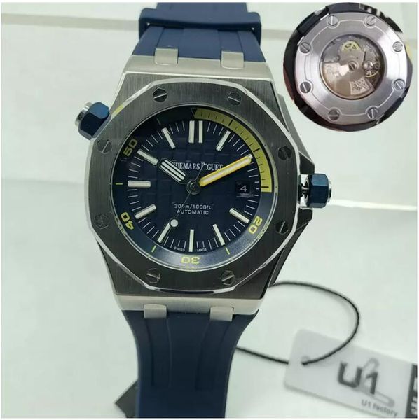 

fashion watch waterproof diver 300m green dial 15710-15703 steel 42mm transparent mechanical automatic movement mens watch men's rubber, Slivery;brown