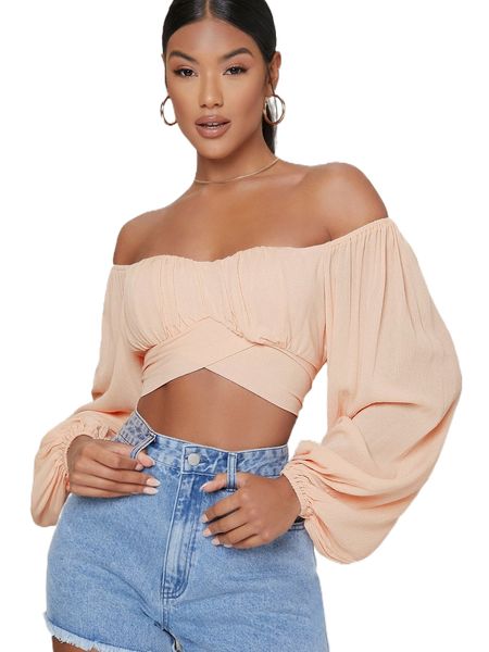

off-the-shoulder peasant sleeve self-tie crop x6wb#, White