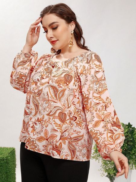 

plus floral print bishop sleeve blouse 26ic#, Black