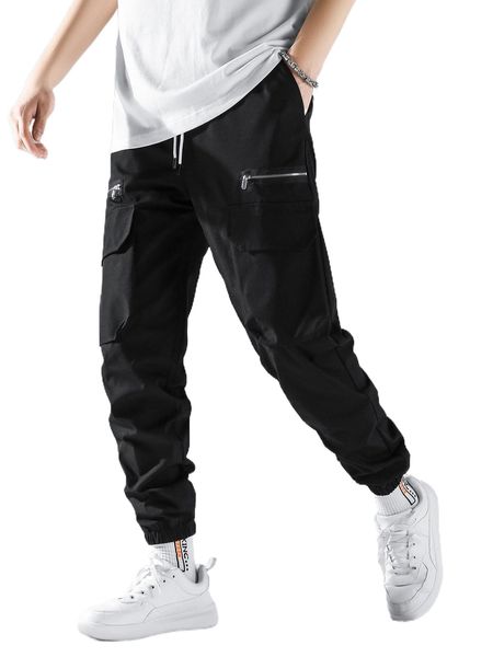 

men drawstring waist flap pocket cargo pants e5r3#, Black
