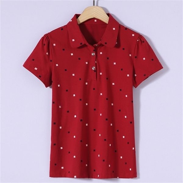 

short-sleeved t-shirt female lapel print wild polo shirt casual lapel ladies shirt black 210317, White