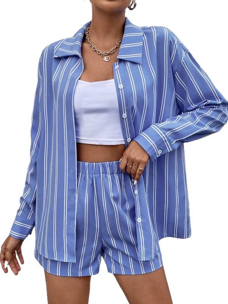 

striped button front shirt & shorts o0wg#, White