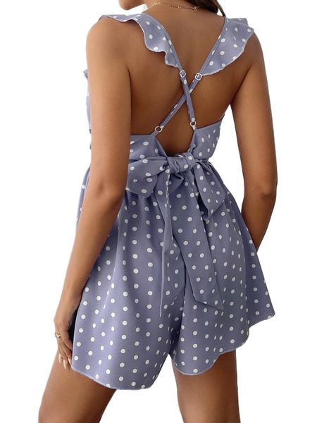 

polka dot print ruffle trim criss-cross tie backless romper e8gs#, Black;white