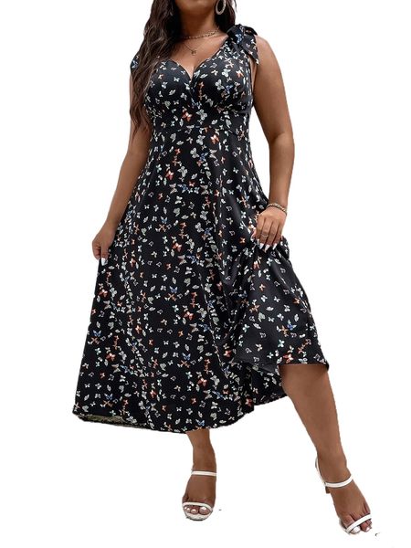 

plus allover butterfly print knot shoulder dress e7hn#, Black