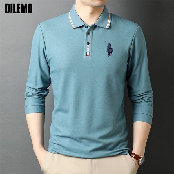 Top Quality Fashion Brand Plain White Polo Uomo Cotone Casual Manica lunga Tinta unita Top Abbigliamento moda coreana 220408