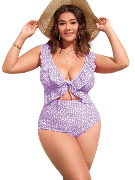 

plus ditsy floral ruffle trim knot front one piece swimsuit s9qs#, White;black