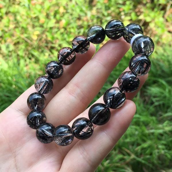 

12mm natural black rutilated quartz round beads bracelet brazil fashion crystal rutilated women men rare jewelry brazil aaaaaa, Silver