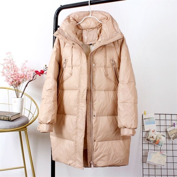 

winter autumn long white duck down jacket stand collar female soft casual warm coat windproof larger size good quanlity lj201127, Black