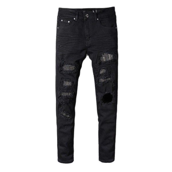 

men's jeans black cat whiskers rhinestone youth slim pants, Blue