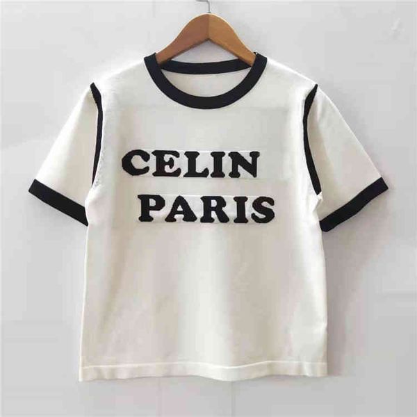 

2022 spring and summer new saijia jacquard round neck slim knit top, White