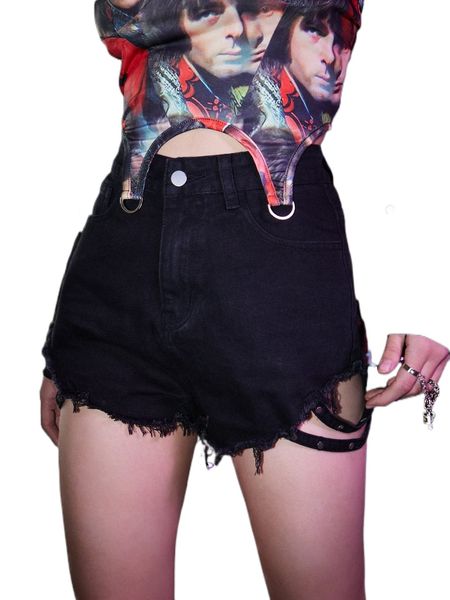 

romwe solid tape raw hem denim shorts k39s#, White;black