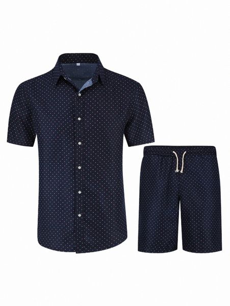 

cloudstyle men polka dot print shirt & drawstring waist shorts t792#, Gray