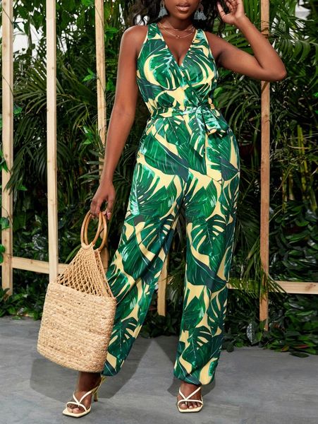 

sxy tropical print tie back sleeveless belted jumpsuit u3fx#, Black;white