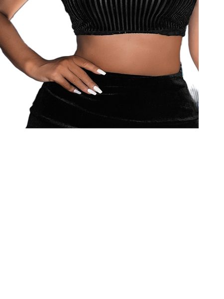 

sxy eyelash lace panel split back velvet skirt d6u0#, Black