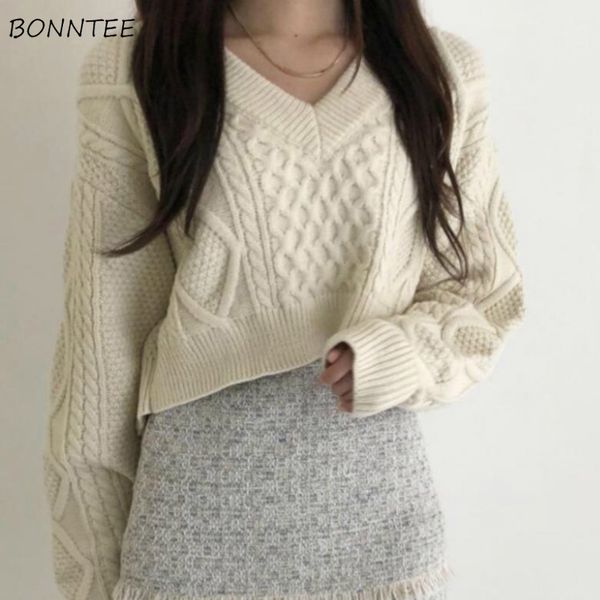 

crop pullovers women harajuku lace up v-neck simple white preppy girls sweaters jumpers elegant knit batwing sleeve spring, White;black