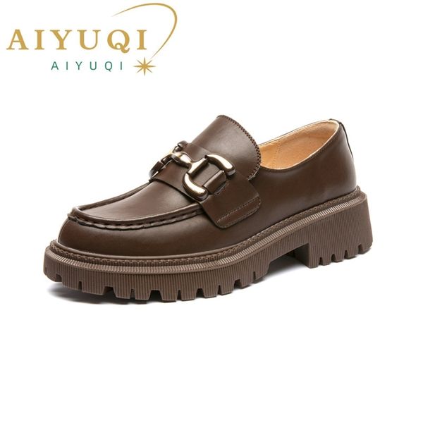 

aiyuqi woman genuine leather loafers casual women student slip on round toe platform footwear female shoes 220714, Black