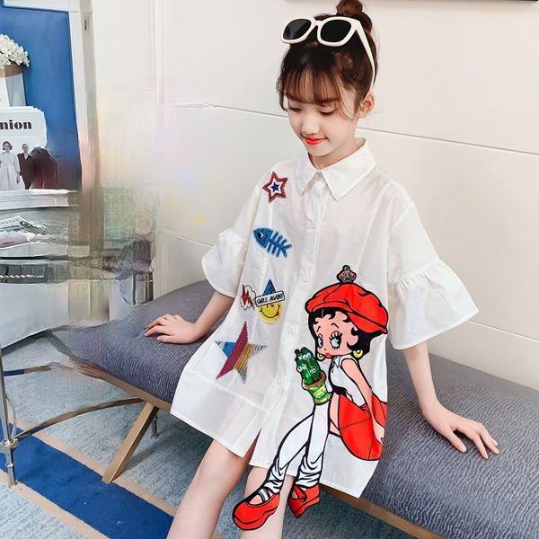 

girls t shirt dress summer cartoon trumpet sleeve fashion sequins beauty embroidery long kids clothes 4 14 years boutique 220620, Blue