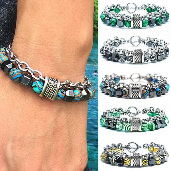 

vintage european and american strands mens stainless steel malachite bracelet, Black
