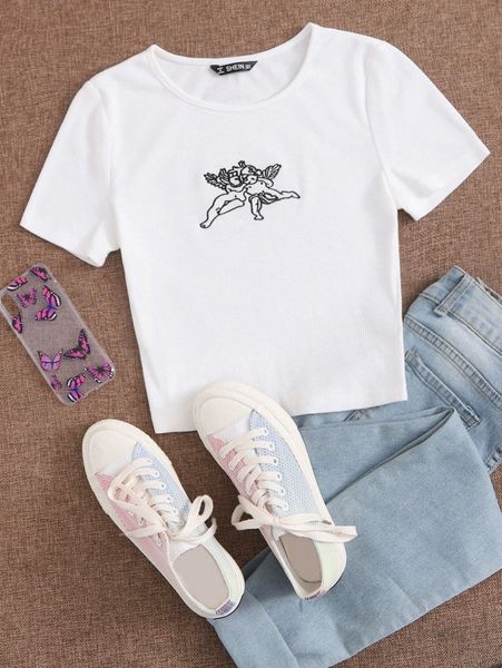 

angel print rib-knit crop 07ly#, White