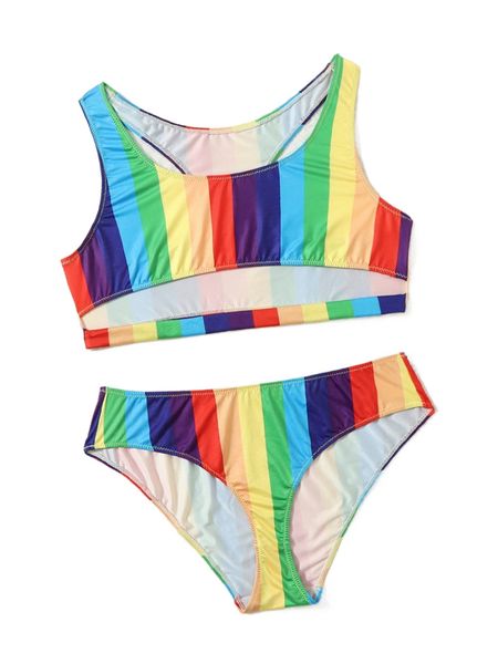 

plus cut-out rainbow striped lingerie set w2pk#, Black;white