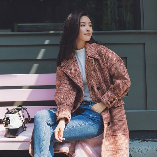 

2019 lady coat plaid double breasted oversize wool blends autumn winter cotton liner outerwear for women t200828, Black