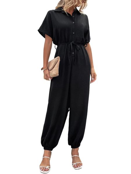 

batwing sleeve belted shirt jumpsuit c4yj#, Black;white