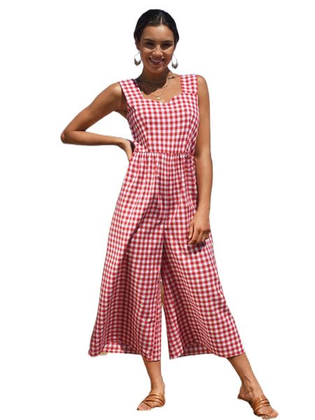 

gingham print wide leg jumpsuit b5ei#, Black;white