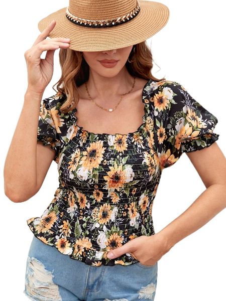 

1pc floral print shirred ruffle trim square neck puff sleeve blouse 91lf#, White