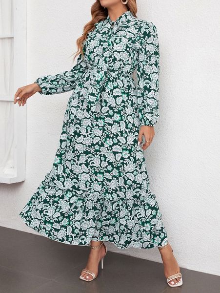 

plus allover floral print tie neck dress a27l#, Black