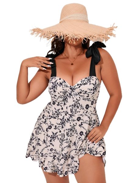 

plus floral print tie shoulder underwire one piece swimsuit v5ww#, White;black
