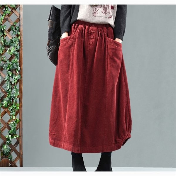

women corduroy retro vintage fashion thick for autumn winter long loose elastic waist skirt buttons oversized az15192317 y200326, Black