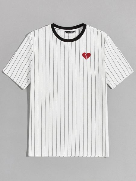 

men heart embroidery striped print tee v37g#, White;black
