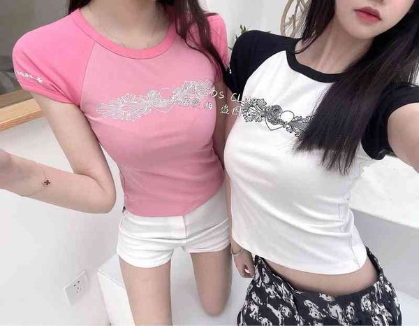 

factory online export designer brand short sleeves ch 22 summer new blossom pink letter printed sleeve girl t-shirt, White