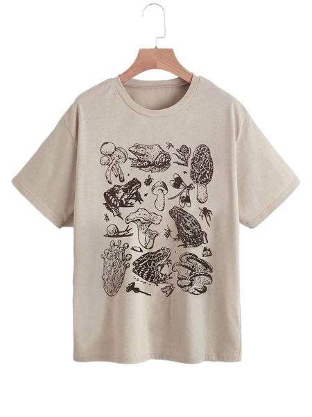 

frog & mushroom print tee d6u9#, White