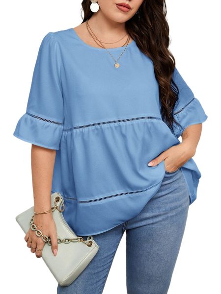 

plus hollow out flounce sleeve blouse o7ml#, Black