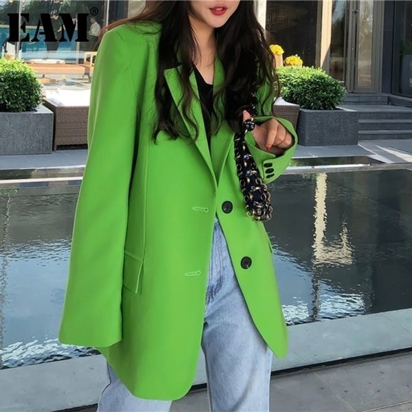 

eam women green split joint big size blazer lapel long sleeve loose fit jacket fashion spring autumn 1da452 y201026, White;black
