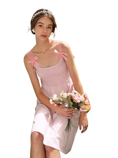 

tie shoulder shirred bodice cami dress 71z6#, Black;gray