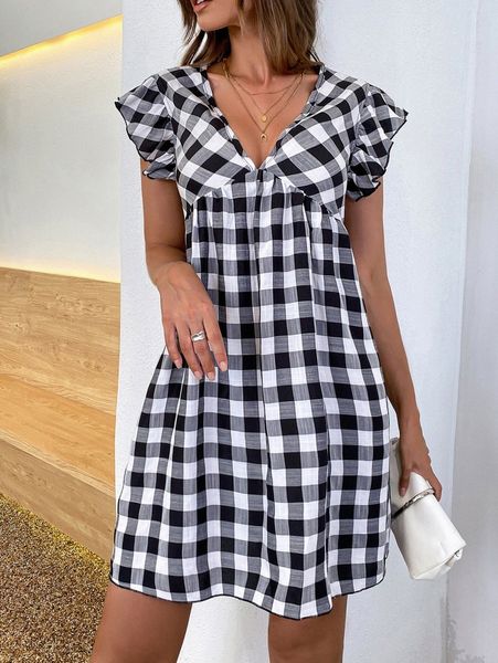 

gingham print ruffle armhole dress v6ee#, Black;gray