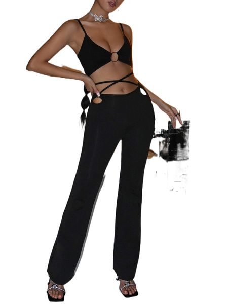 

o-ring crop cami & cut out criss cross tie back pants s2m7#, White