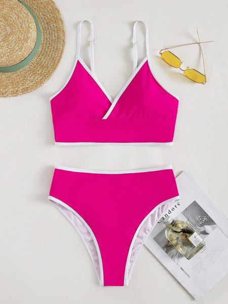 

binding trim high waisted bikini swimsuit z1kd#, White;black